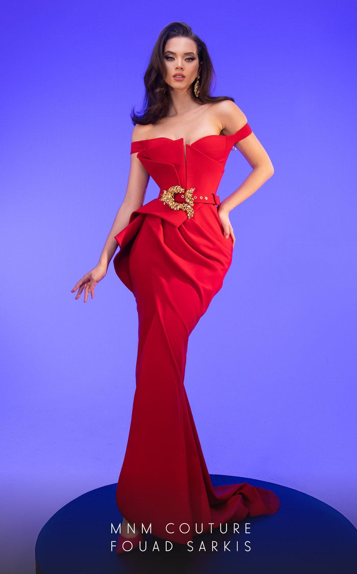 Fouad Sarkis 2650 Couture Evening Dress with Embellished Belt
