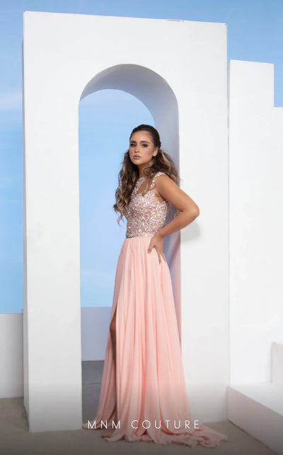 MNM Couture M0088 Peach High-Neck Chiffon Evening Gown