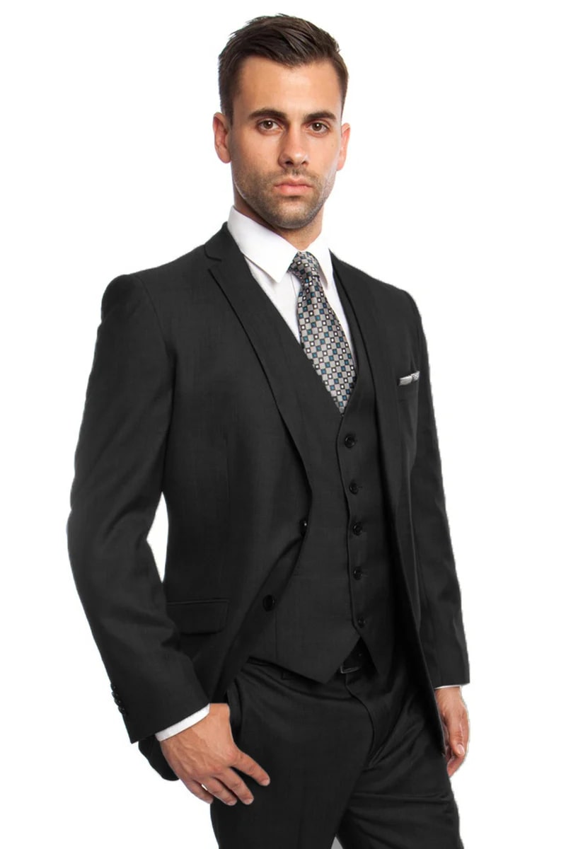 Two Button Vested Sharkskin Suit - Black