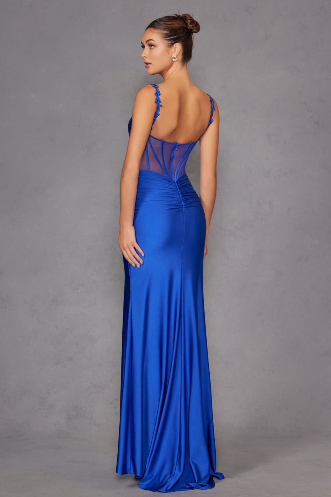 Fitted Long Cowl Neck Slit Dress by Juliet JT2518I