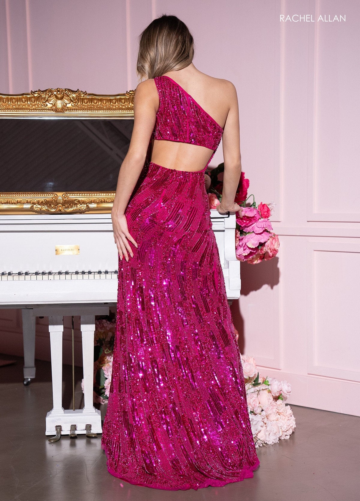 Rachel Allan 70678 Fitted Sequin One Shoulder Slit Gown