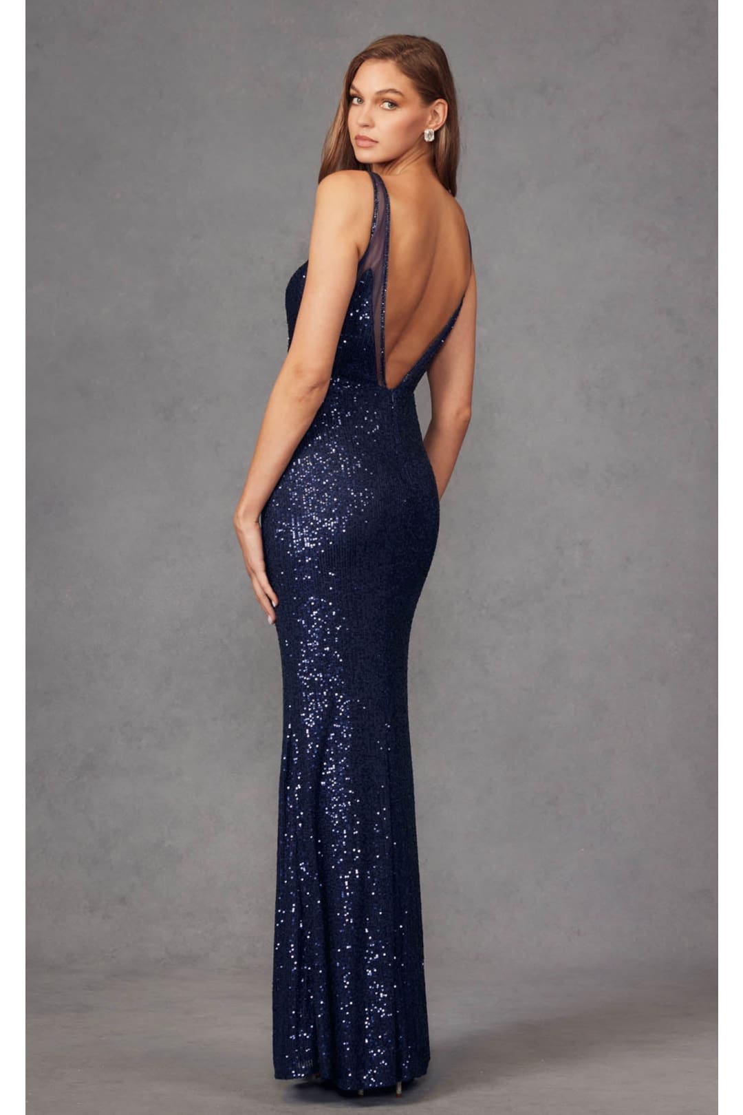 Fitted V-Neck Sequin Gown with Sheer Detail by Juliet 264