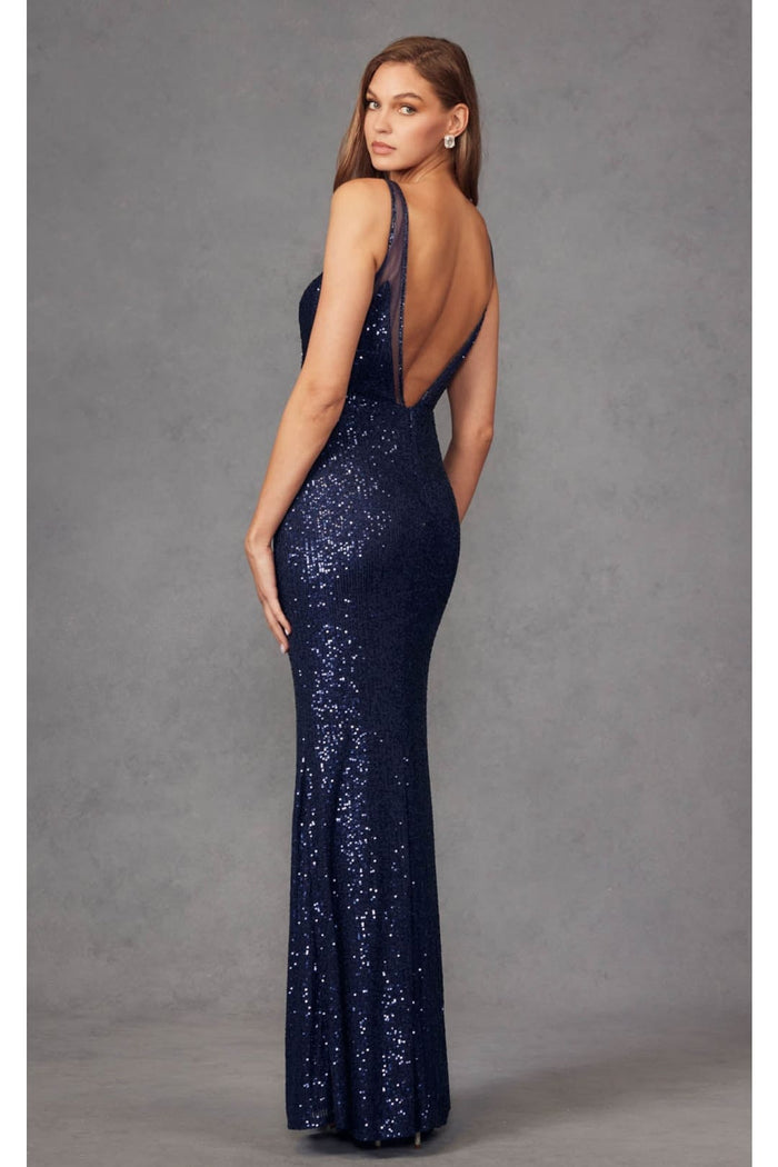 Fitted V-Neck Sequin Gown with Sheer Detail by Juliet 264