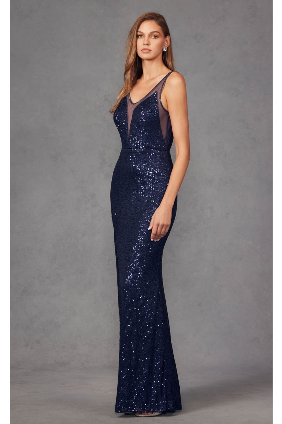 Fitted V-Neck Sequin Gown with Sheer Detail by Juliet 264