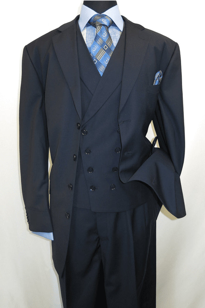 Men's Navy 4 Button Double Breasted Vest Suit
