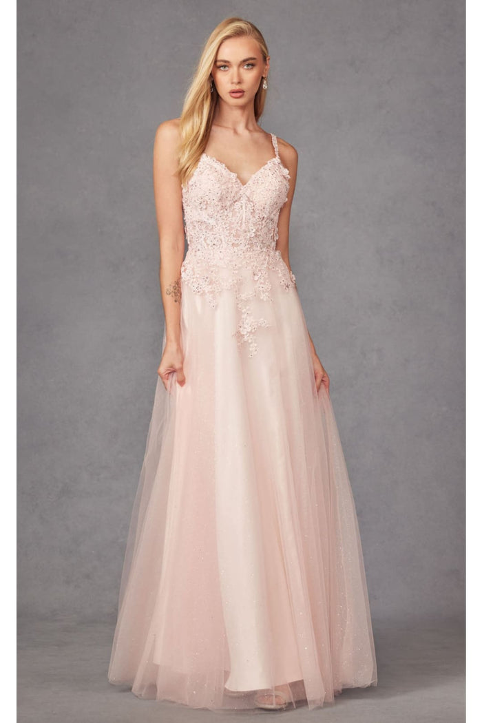 Floral Appliqué A-Line Gown by Juliet 283