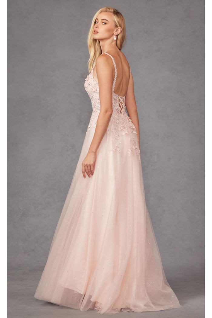 Floral Appliqué A-Line Gown by Juliet 283