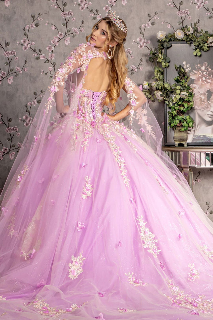 Floral Applique Cape Sleeve Ball Gown by GLS Gloria GL3467