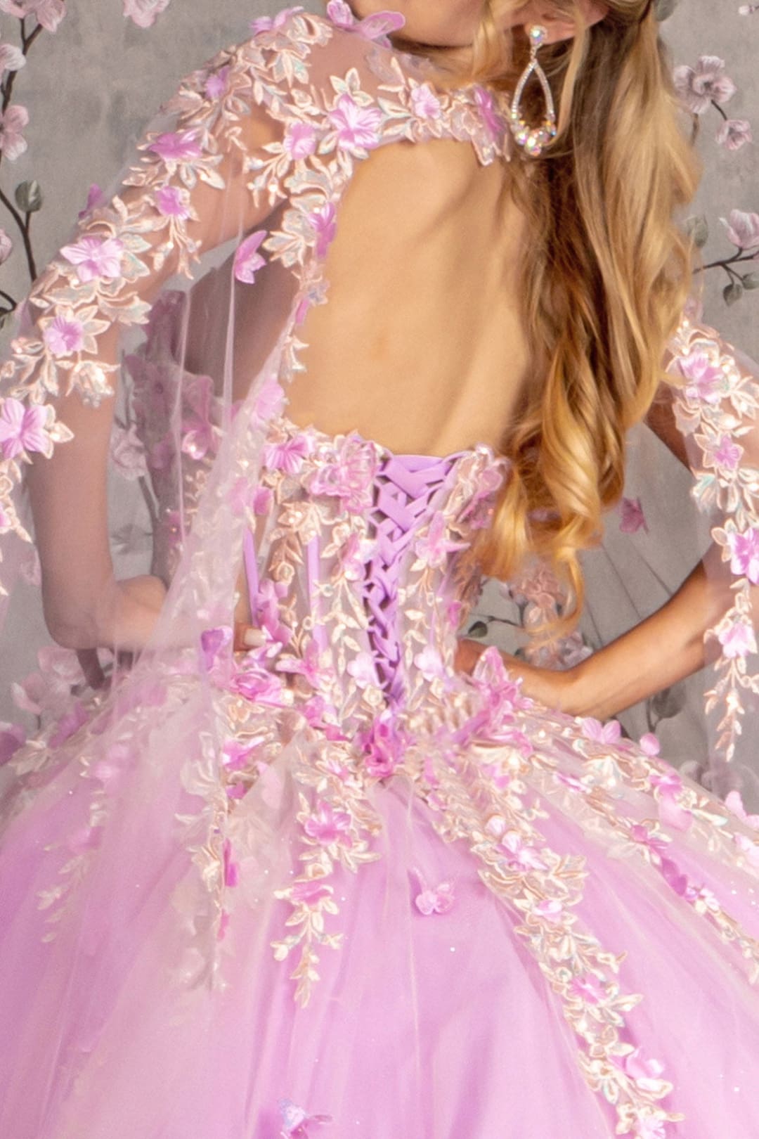 Floral Applique Cape Sleeve Ball Gown by GLS Gloria GL3467