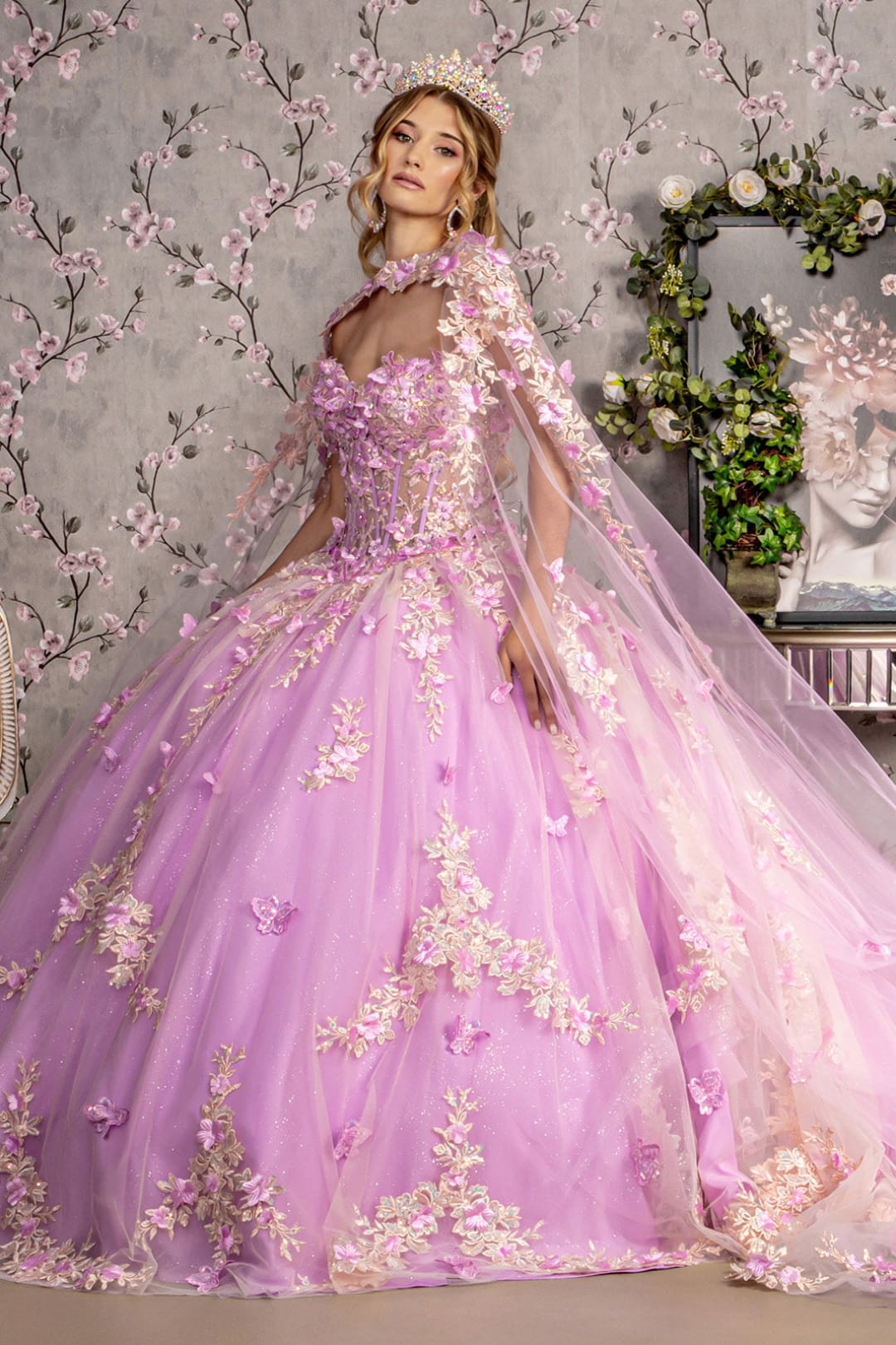 Floral Applique Cape Sleeve Ball Gown by GLS Gloria GL3467