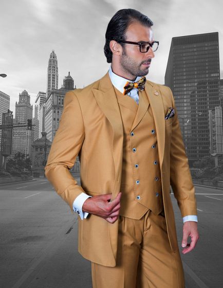 Statement Men's 100% Wool Suit - Unique Double Breasted Vest Classic Fit Pleated Pants Peak Lapel