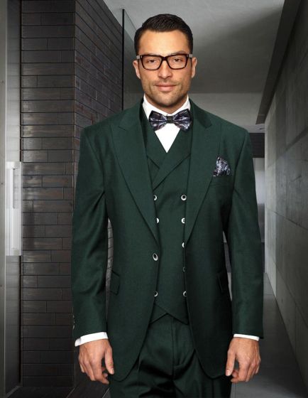 Statement Men's 100% Wool Suit - Unique Double Breasted Vest Classic Fit Pleated Pants Peak Lapel