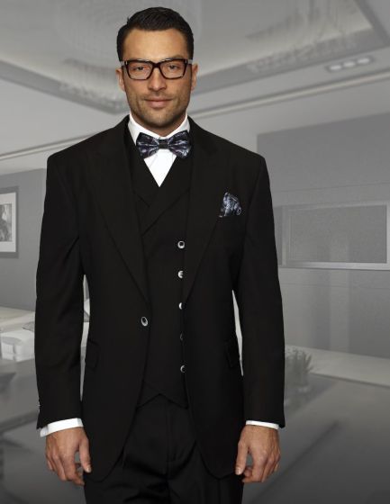 Statement Men's 100% Wool Suit - Unique Double Breasted Vest Classic Fit Pleated Pants Peak Lapel
