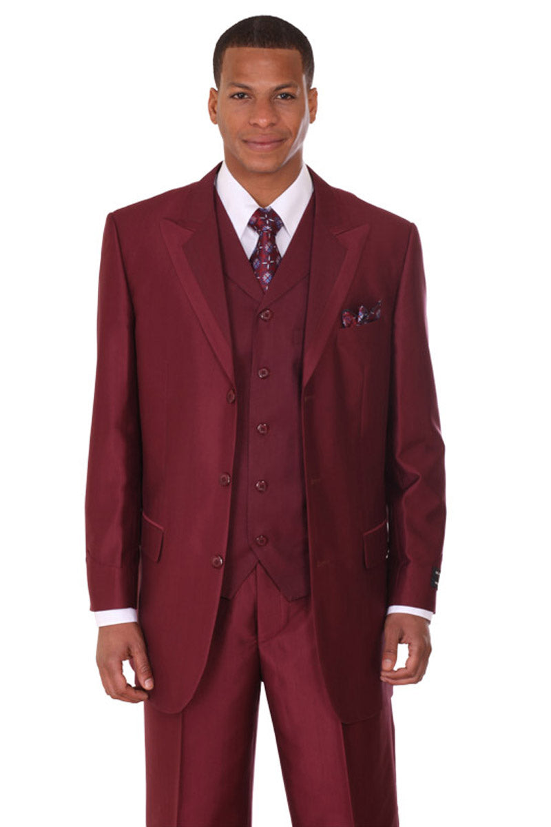 Burgundy 3 Button Suit with Satin Peak Lapel