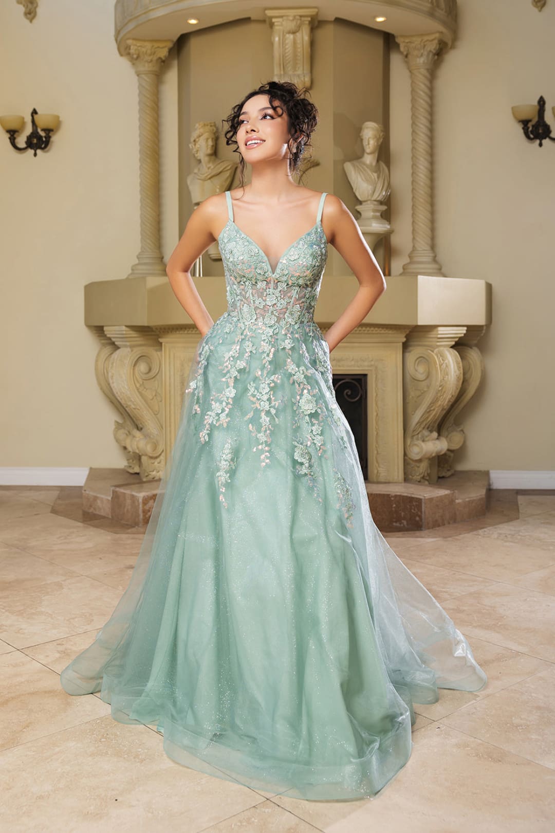 Formal Dress Plunging V-Neck A-Line Prom Gown By May Queen MQ2165