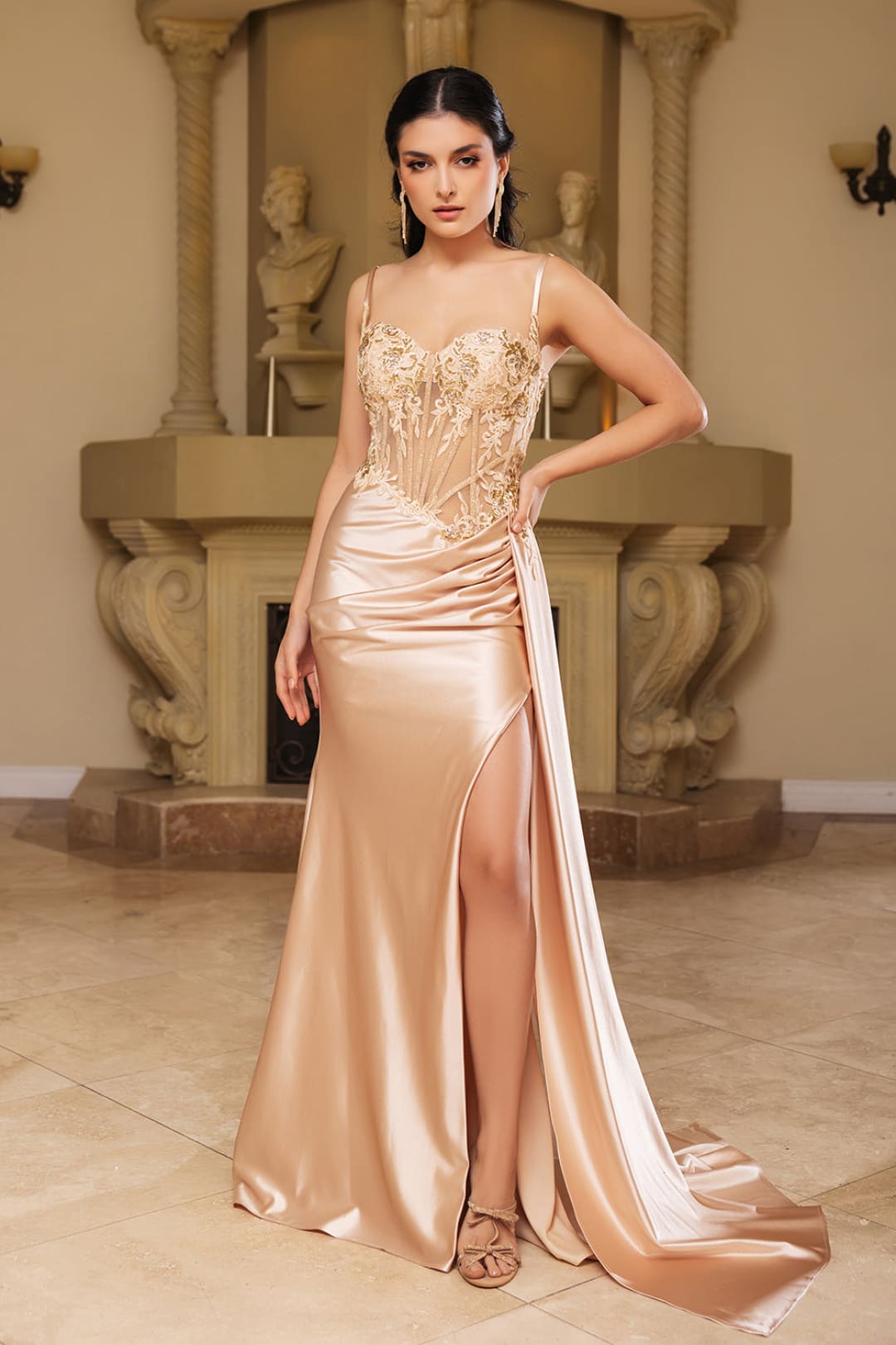 Formal Dress Spaghetti Straps Sheath High Slit Gown By May Queen MQ2111