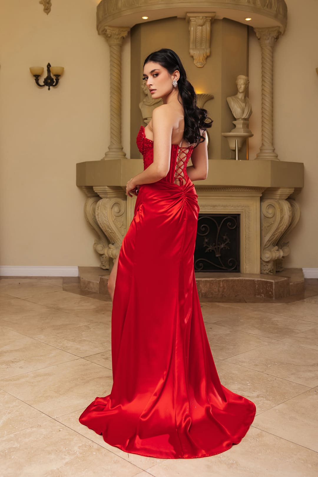 Sweetheart Prom Dress Beaded Corset Slit Satin Formal Evening Gown