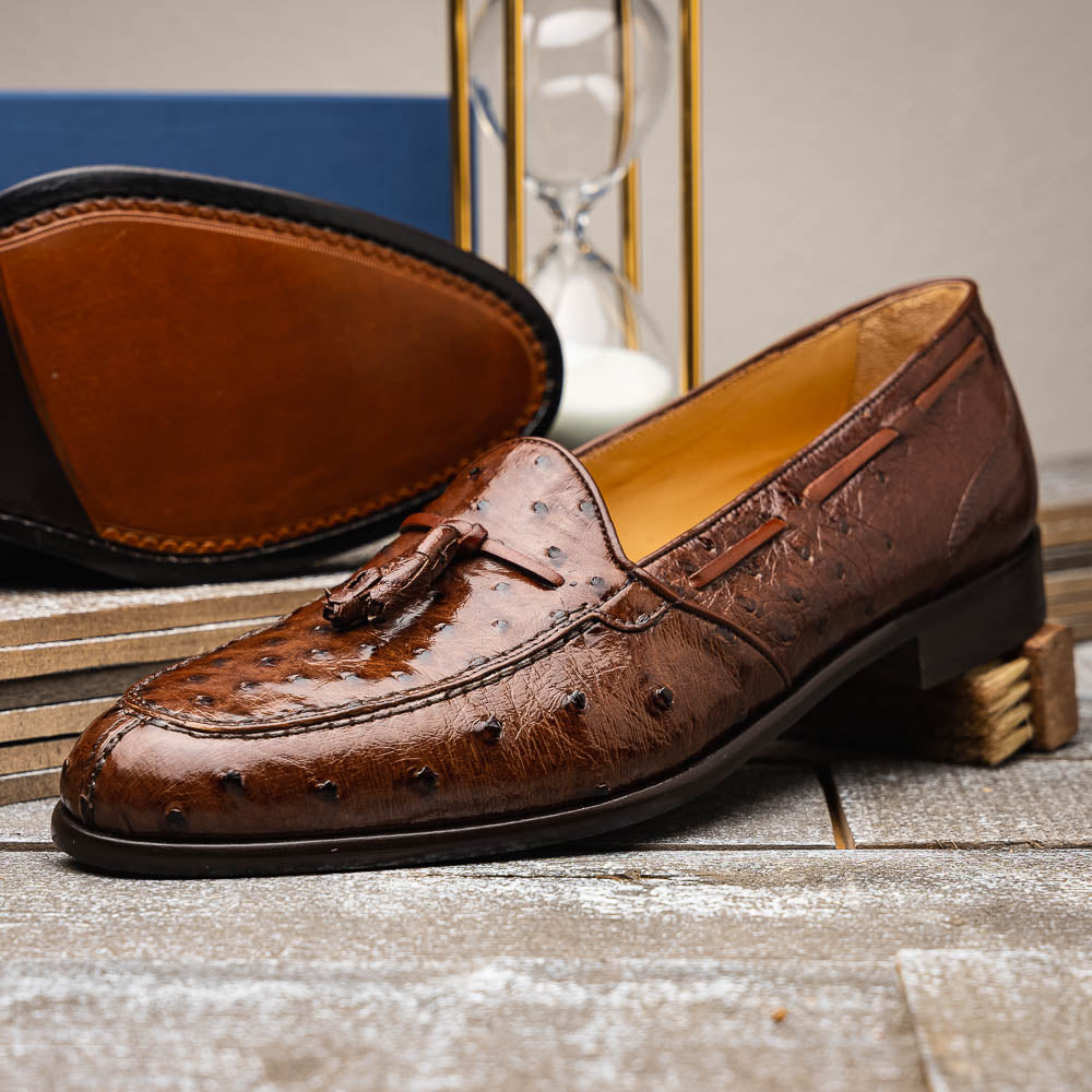 Zelli Franco Classic Ostrich Quill Tassel Loafers in Brown