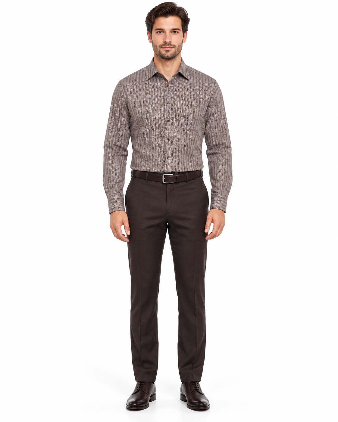Fratello French Cuff Dark Brown - Herringbone Tweed Stripe Big and Tall Sizes 18 19 20 21 22 Inch Neck Men's Dress Shirt
