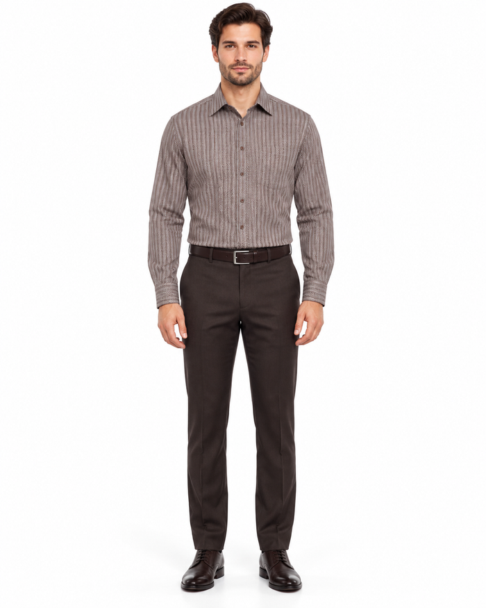 Fratello French Cuff Dark Brown - Herringbone Tweed Stripe Big and Tall Sizes 18 19 20 21 22 Inch Neck Men's Dress Shirt