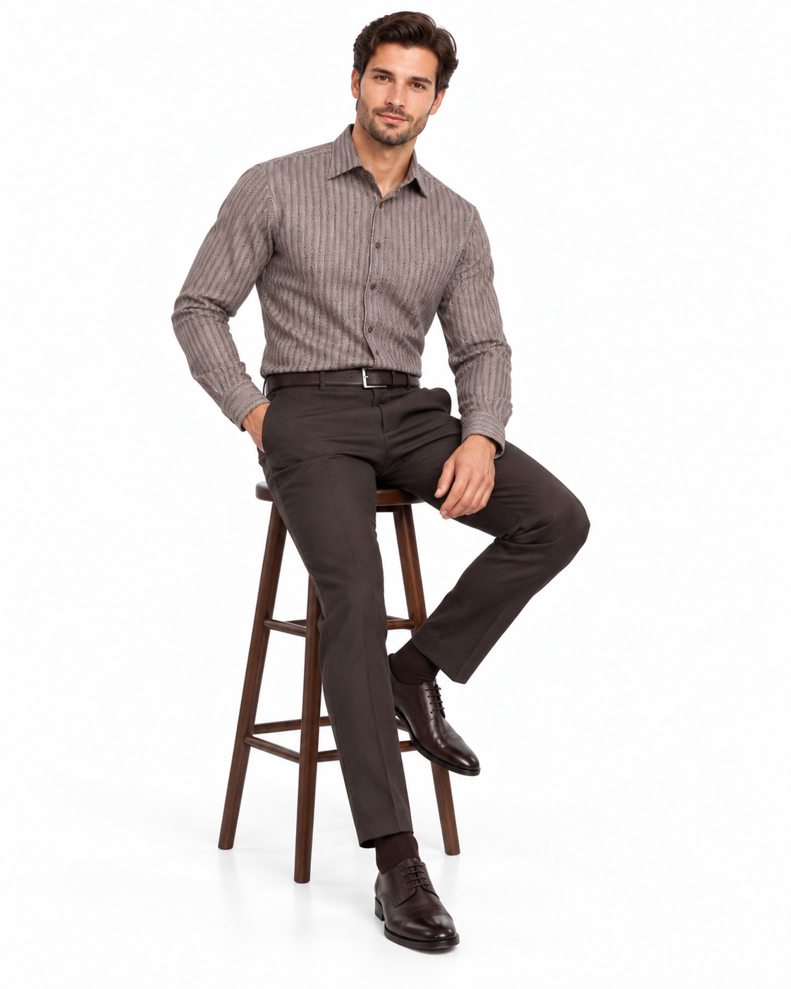 Fratello French Cuff Dark Brown - Herringbone Tweed Stripe Big and Tall Sizes 18 19 20 21 22 Inch Neck Men's Dress Shirt