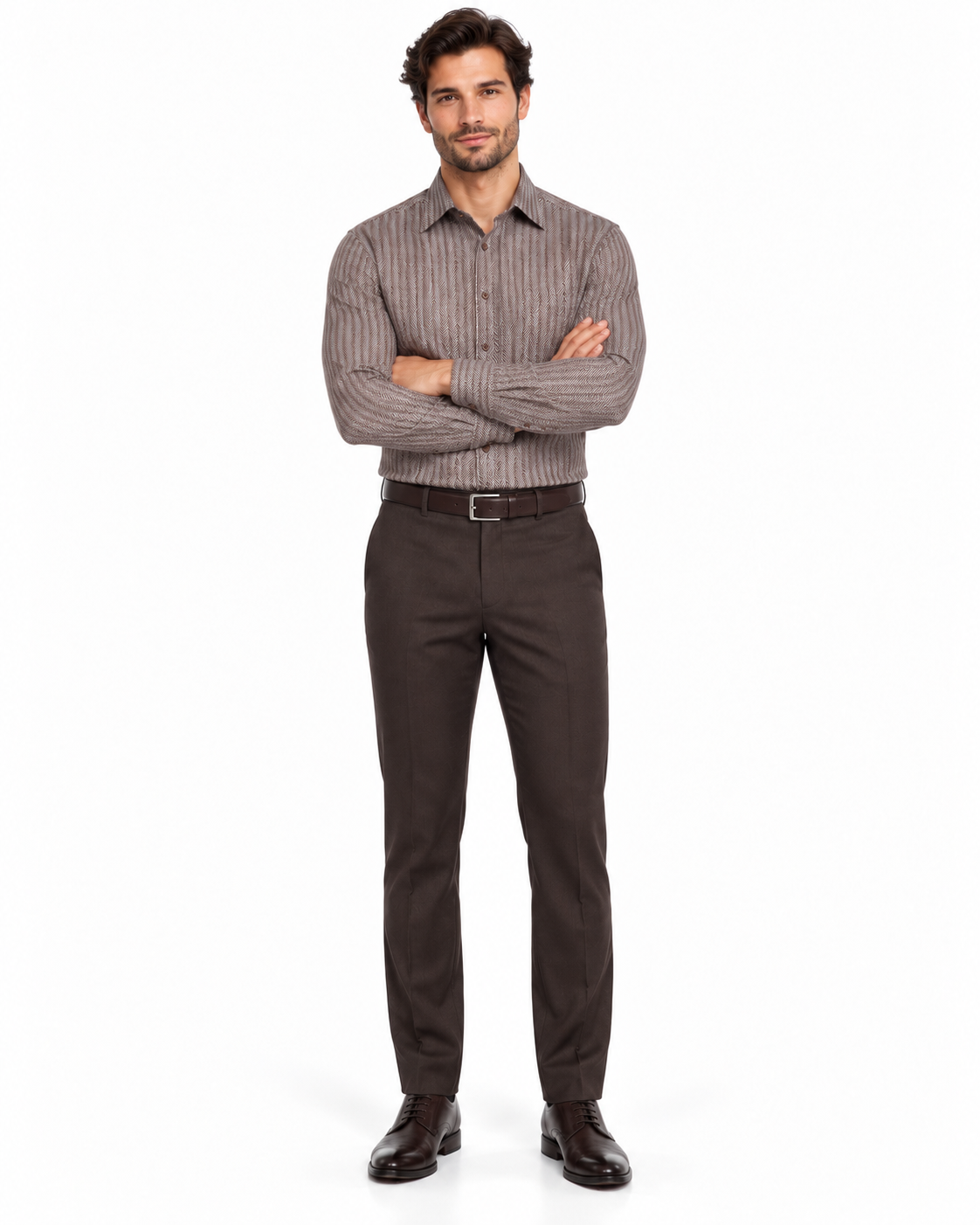 Fratello French Cuff Dark Brown - Herringbone Tweed Stripe Big and Tall Sizes 18 19 20 21 22 Inch Neck Men's Dress Shirt