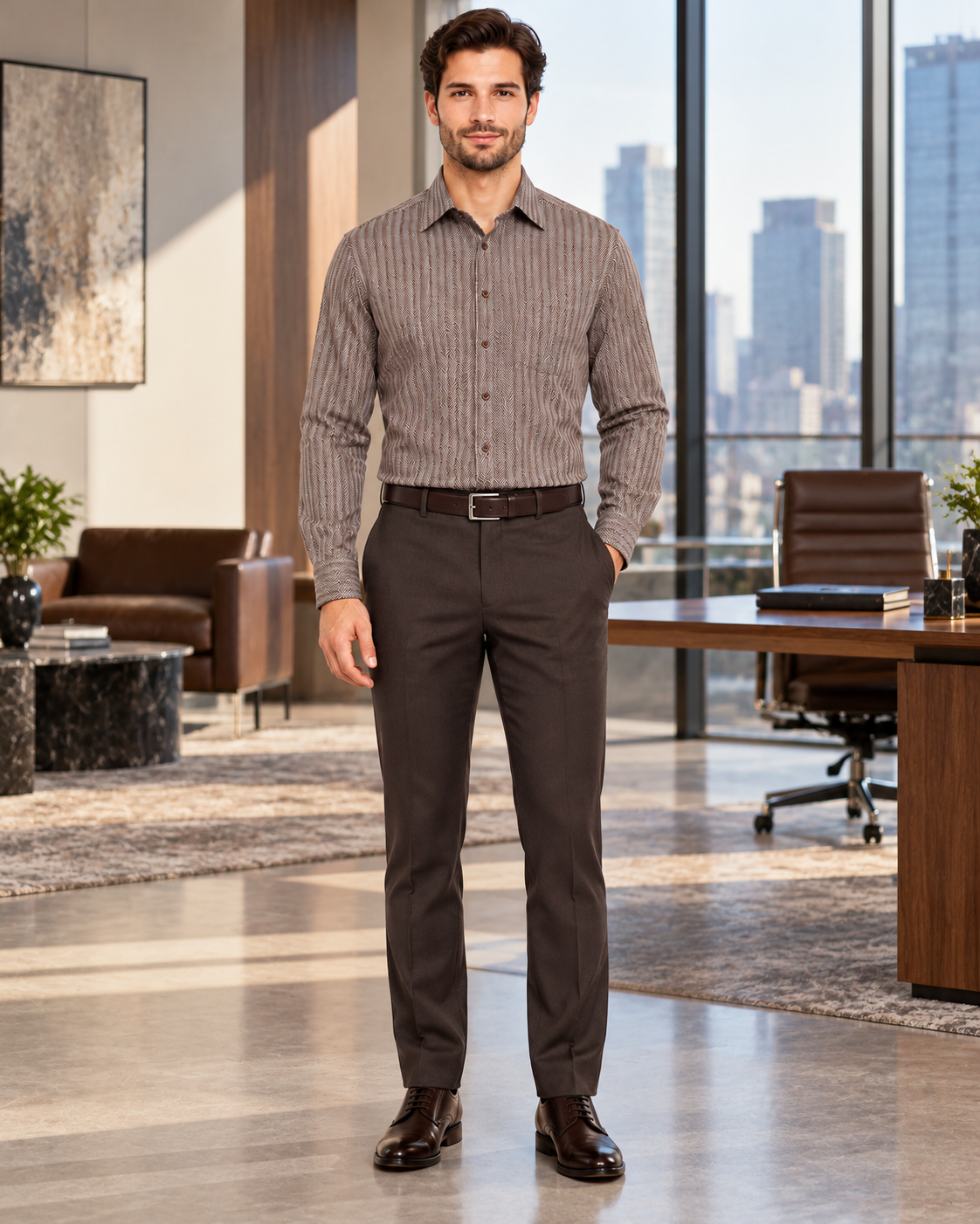 Fratello French Cuff Dark Brown - Herringbone Tweed Stripe Big and Tall Sizes 18 19 20 21 22 Inch Neck Men's Dress Shirt