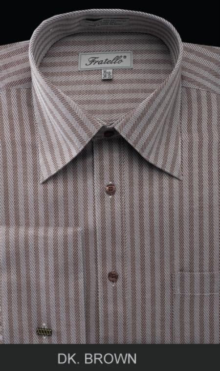 Fratello French Cuff Dark Brown - Herringbone Tweed Stripe Big and Tall Sizes 18 19 20 21 22 Inch Neck Men's Dress Shirt