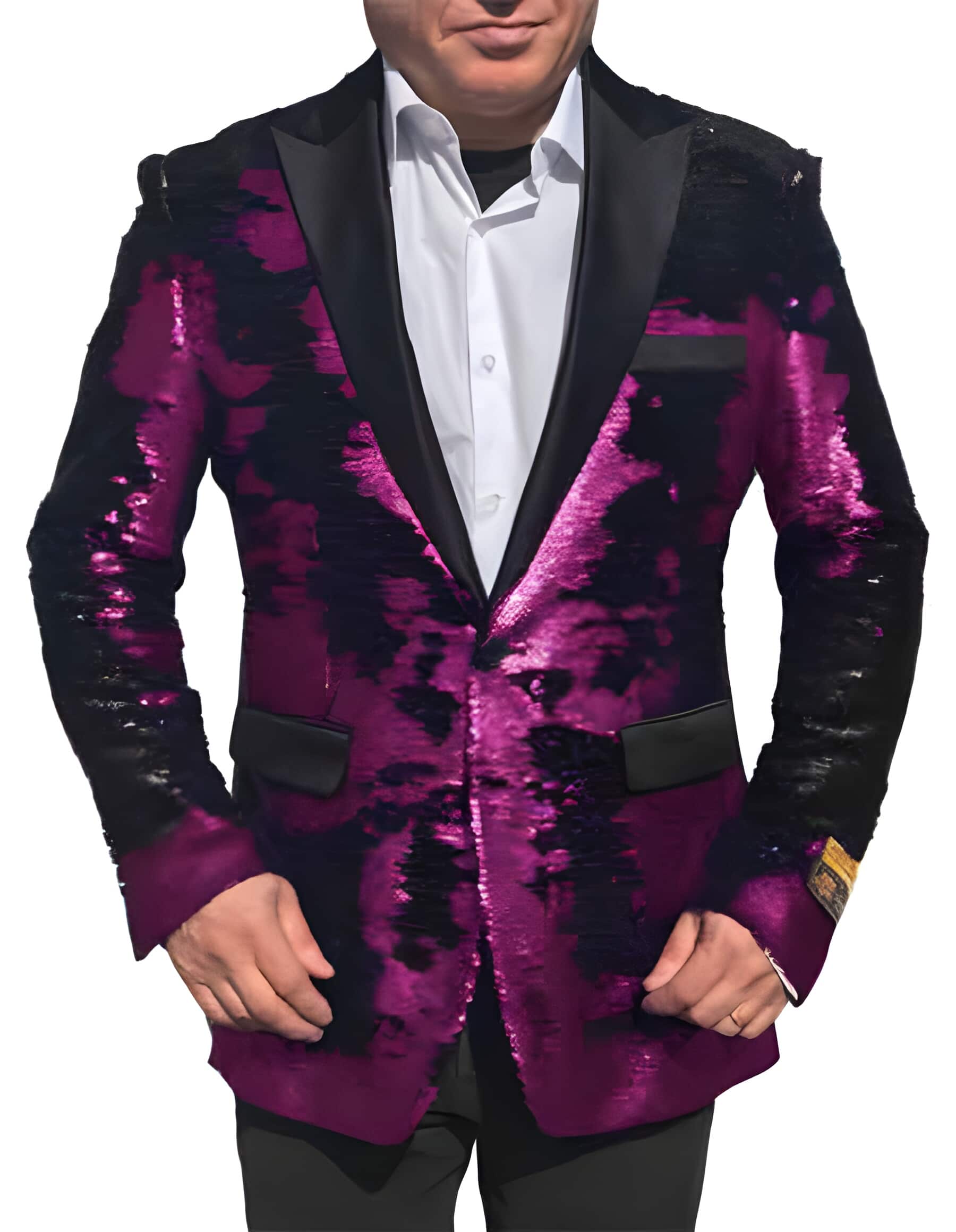 Fuchsia Shiny Sequin Glitter Tuxedo Black 1 Button Sport Coat