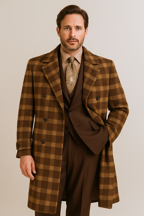 Veno Giovanni Men's 100% Wool Full Length Length Top Coat Double Breasted