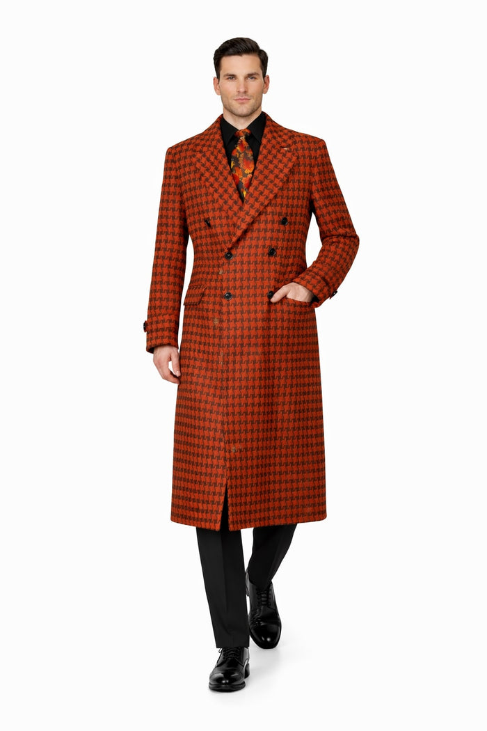 Men's Full Length Top Coat - Wide Fashion Lapel Rust Houndstooth