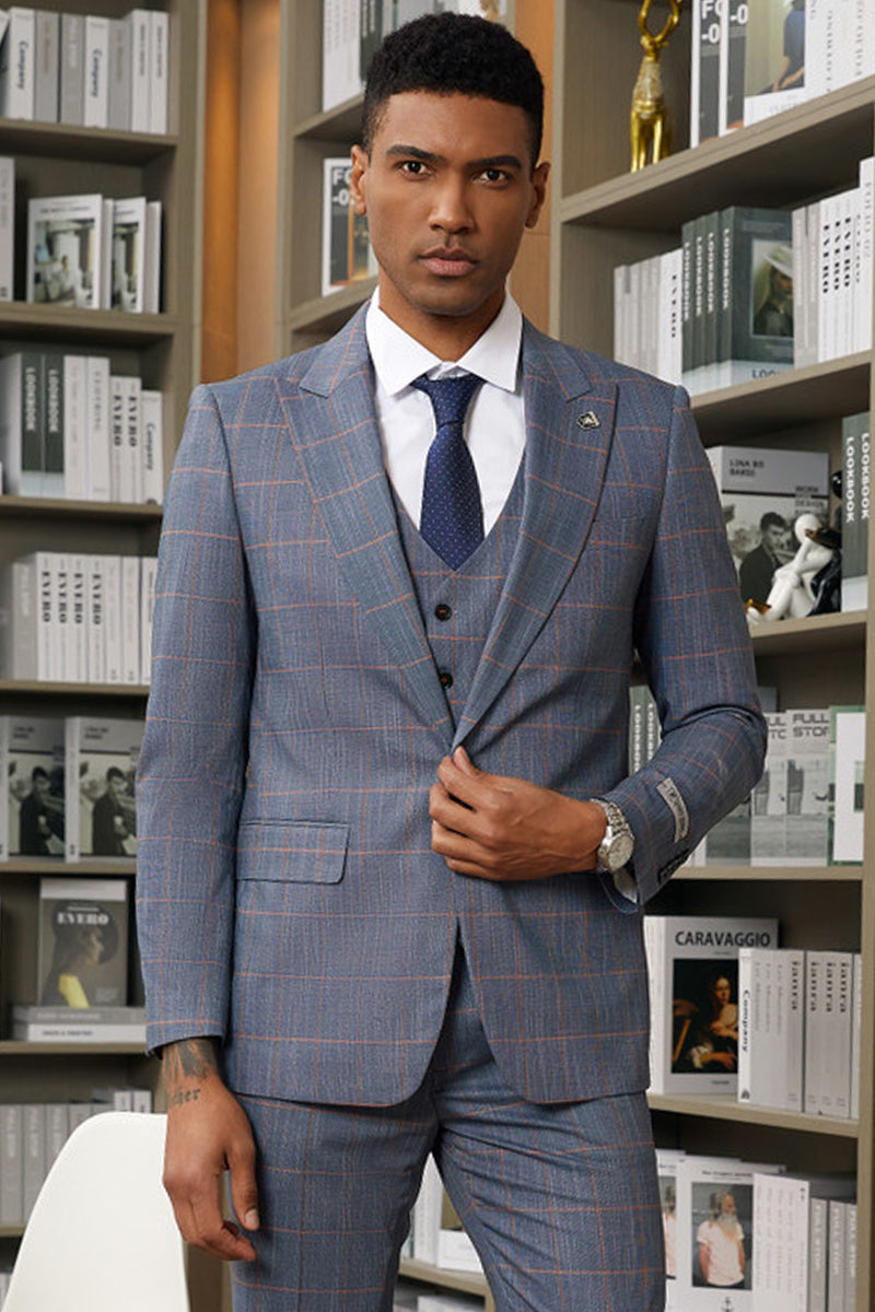 Stacy Adams Navy & Orange Plaid One Button Suit