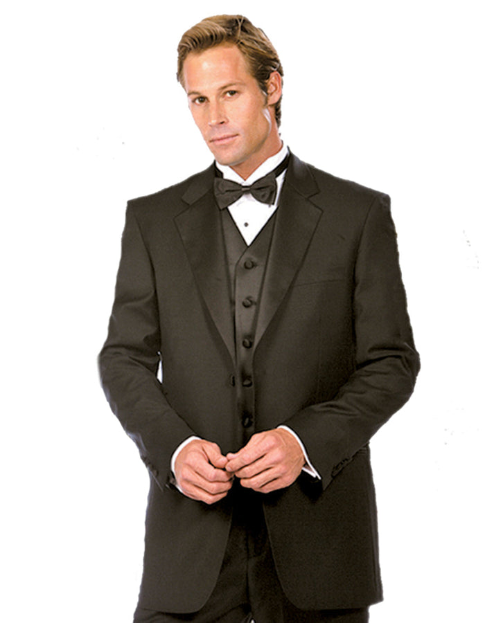 Modern 2 Button Black Wool Tuxedo with Vest