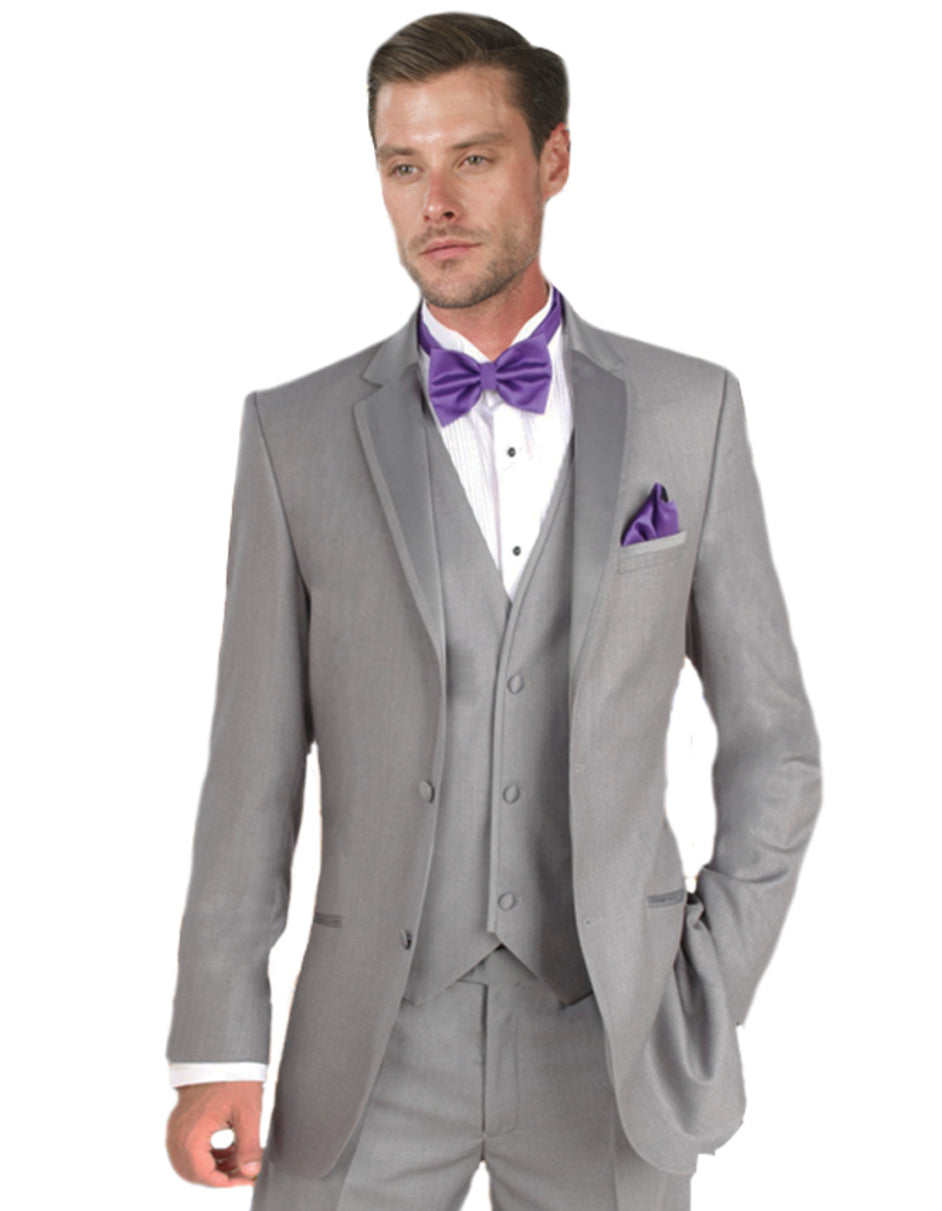 Slim Light Grey Satin Trim Vested Men's Tuxedo