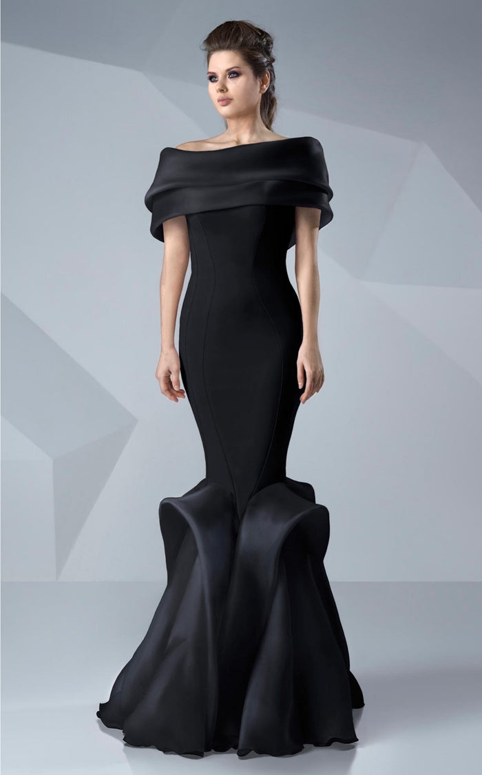 Gaby Charbachy G0620 Off-Shoulder Ruffled Evening Gown in Black by MNM Couture