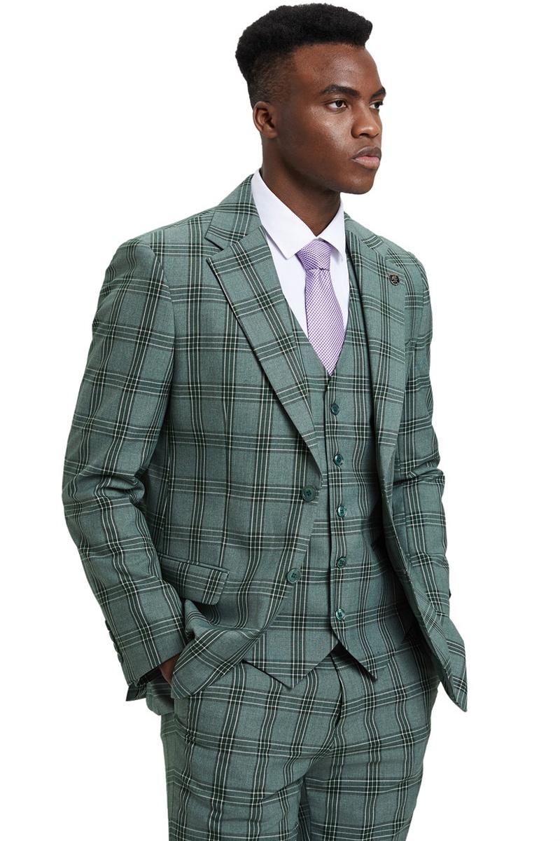 Stacy Adams Glen Plaid Vested Suit, Light Olive Green