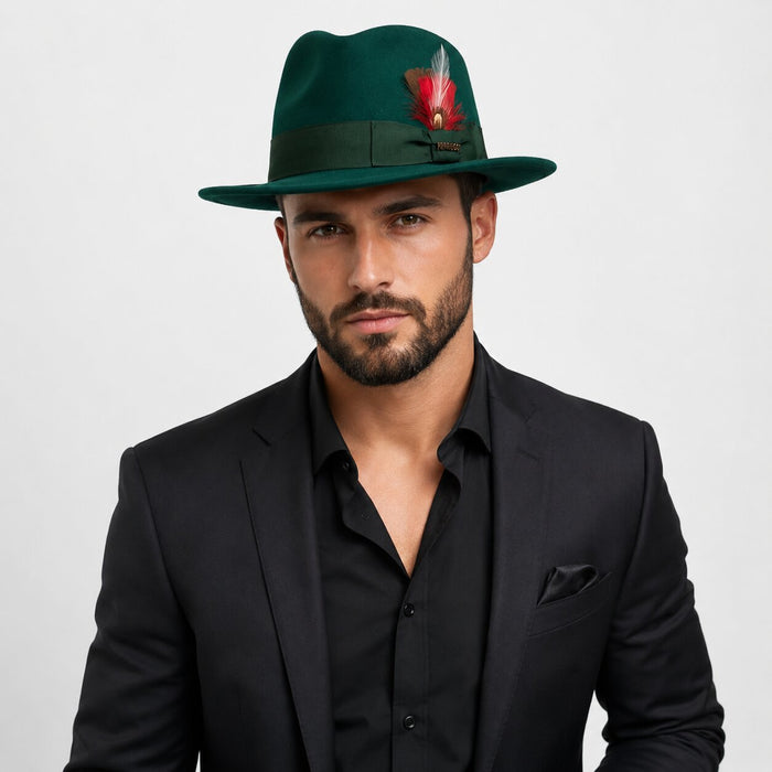 Hunter Green Wool Crushable Fedora with Removable Feather