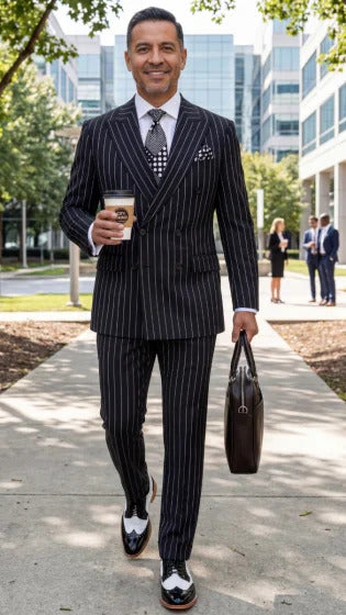 Statement Men's 2 Piece 100% Wool Modern Fit Pinstripe Suit - Double Breasted Jacket