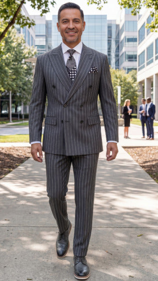 Statement Men's 2 Piece 100% Wool Modern Fit Pinstripe Suit - Double Breasted Jacket