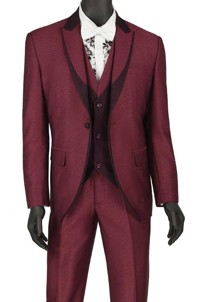 Burgundy Trim Peak Vested Tuxedo by Vinci