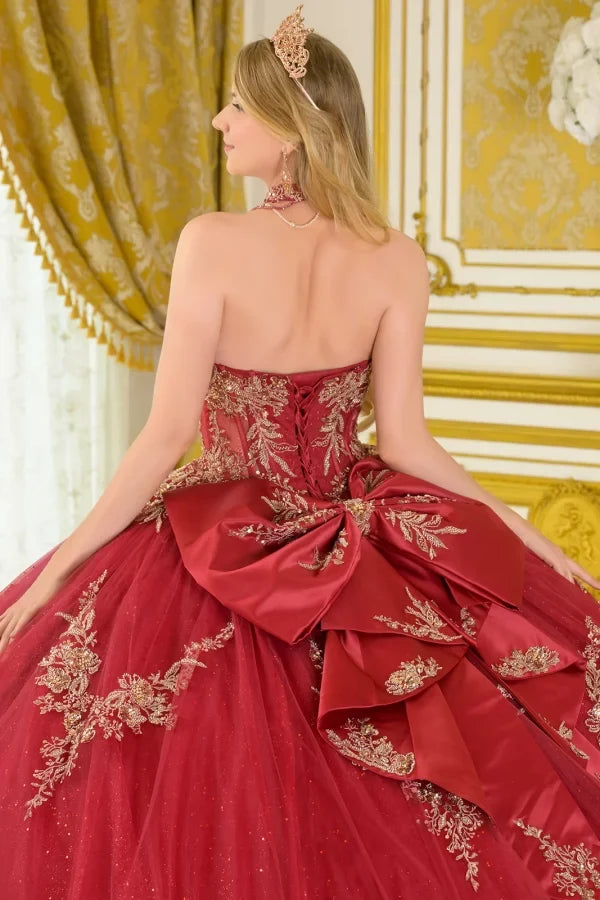 Strapless Beaded Quinceañera Ball Gown in Burgundy with Corset Back & Train by Elizabeth K GL3675