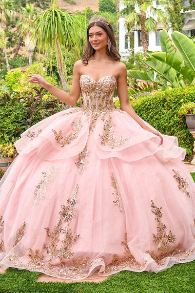 Strapless Sweetheart Illusion Corset Bodice Sequin Appliqué Layered Ball Gown by Elizabeth K GL3724