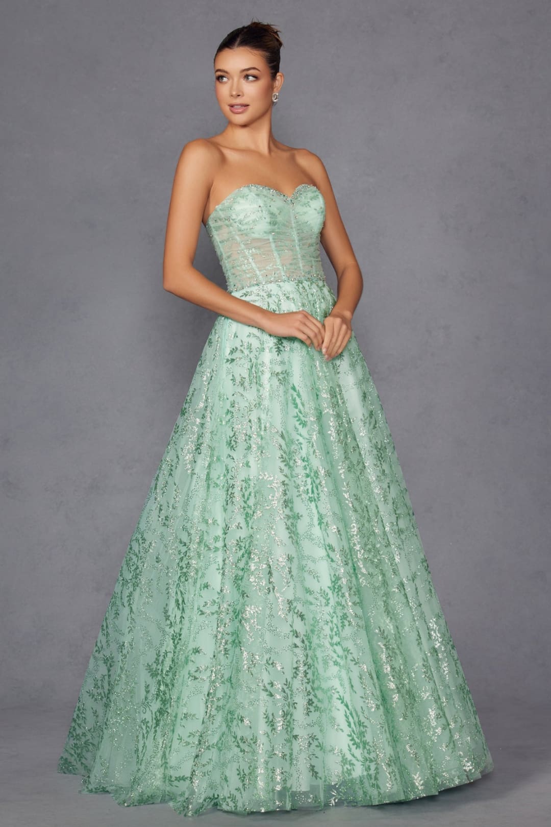 Glitter Print Strapless A-line Gown by Juliet JT2547S