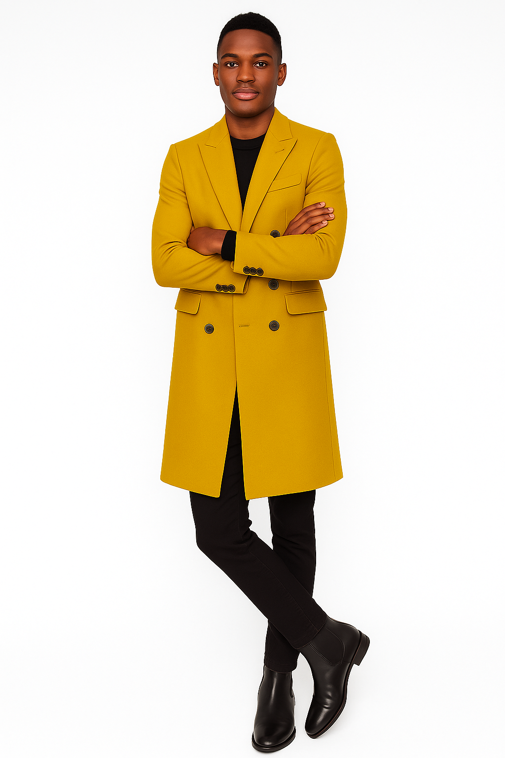 Gold Double Breasted 44-Inch Wool Overcoat