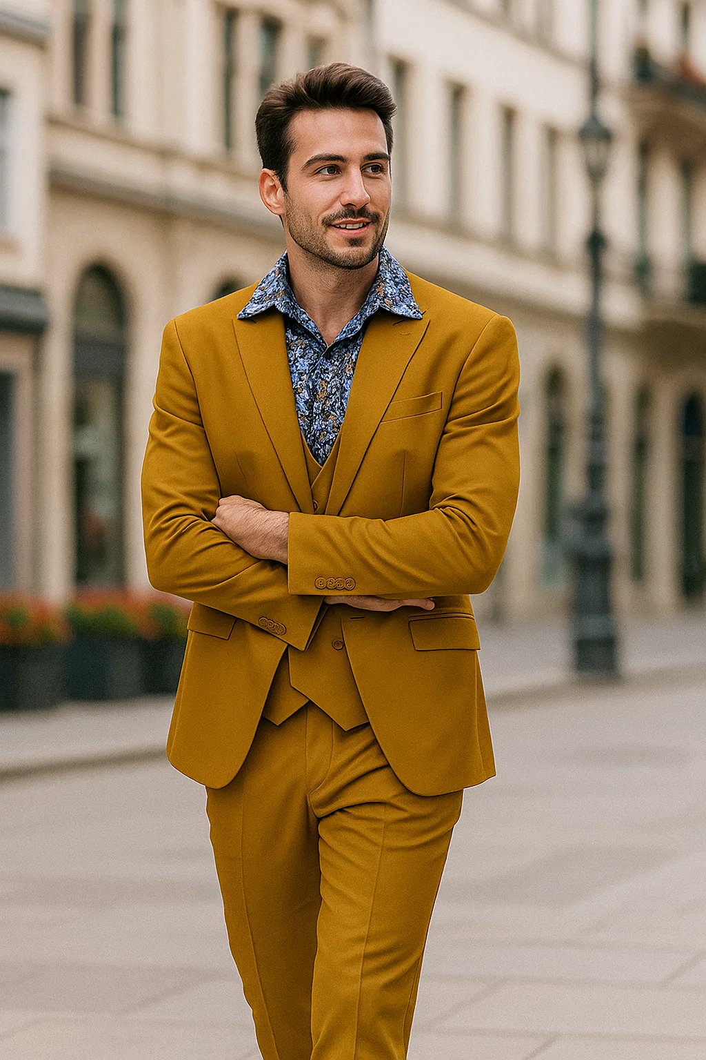 Formal 3-Piece Men’s Suit in Gold – Peak Lapel & Double Breasted Vest