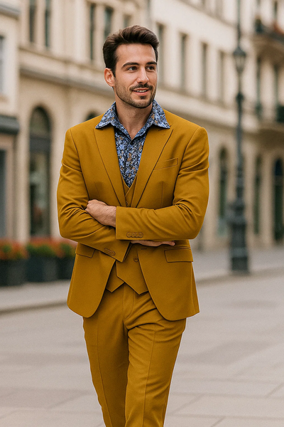 Formal 3-Piece Men’s Suit in Gold – Peak Lapel & Double Breasted Vest