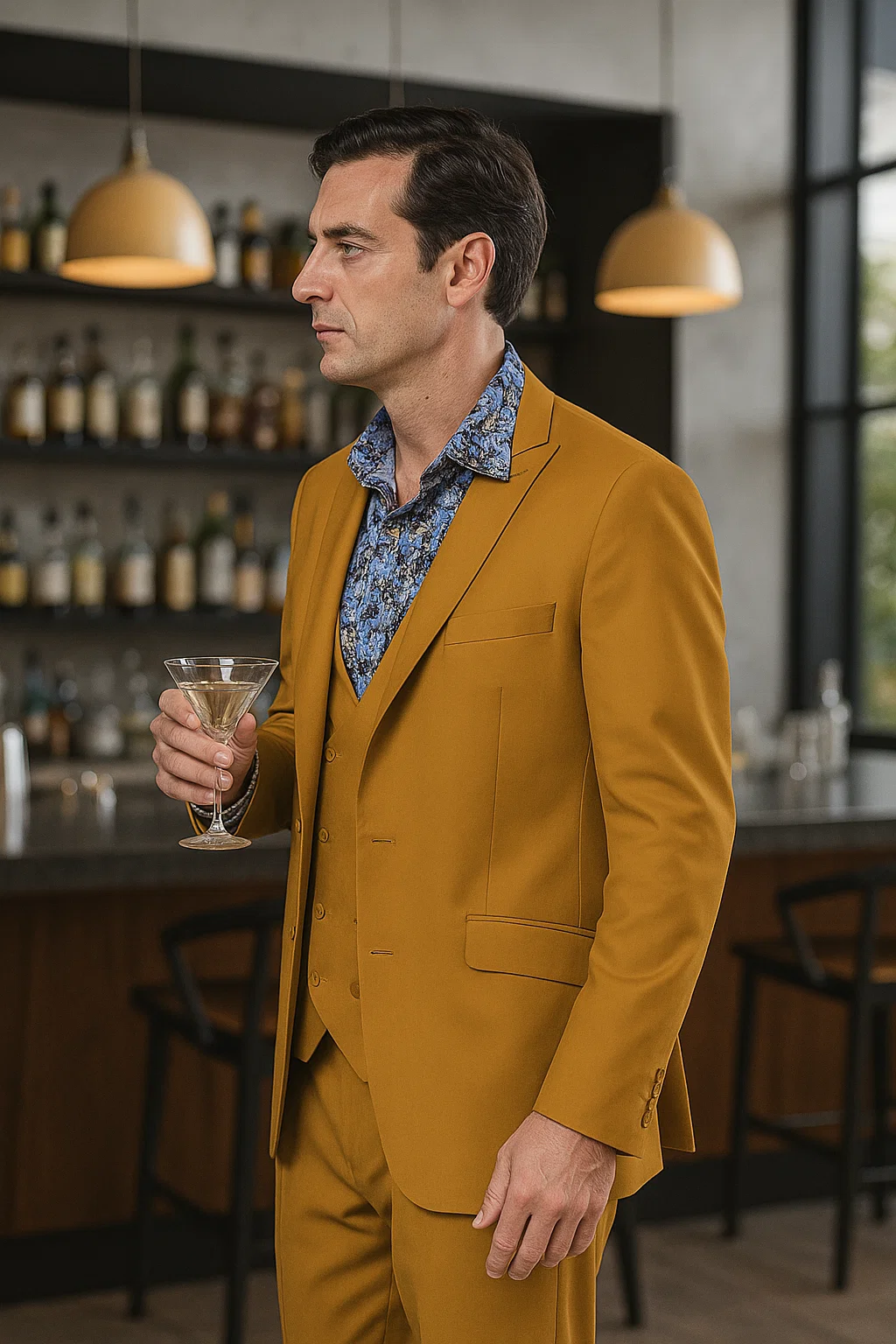 Formal 3-Piece Men’s Suit in Gold – Peak Lapel & Double Breasted Vest