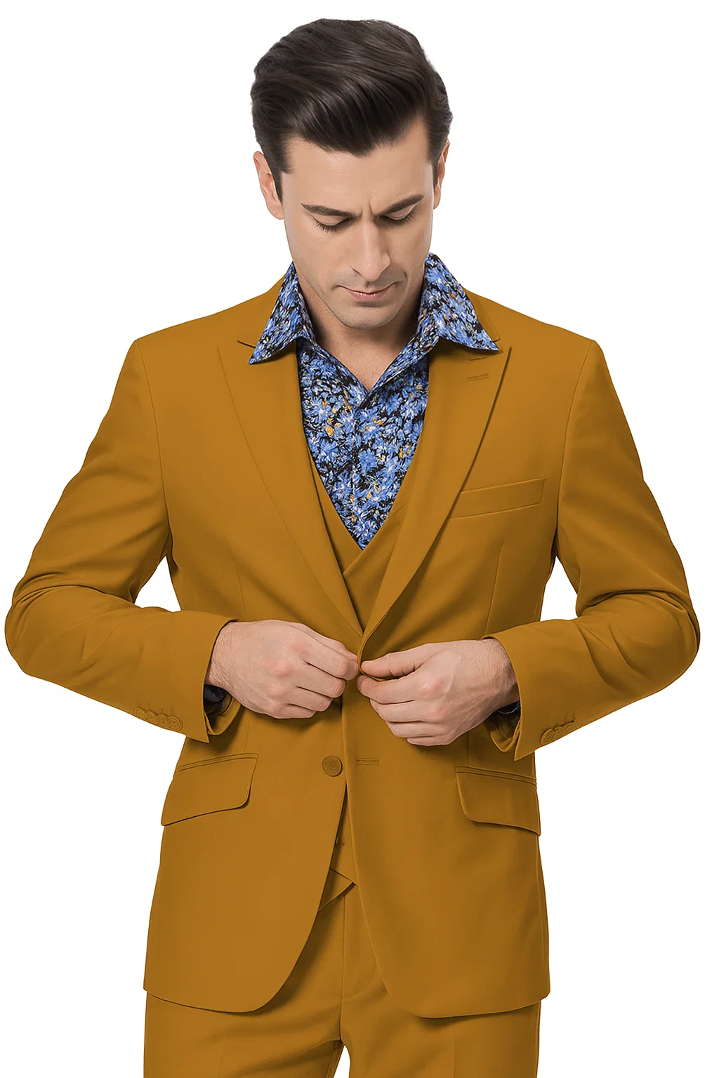 Formal 3-Piece Men’s Suit in Gold – Peak Lapel & Double Breasted Vest