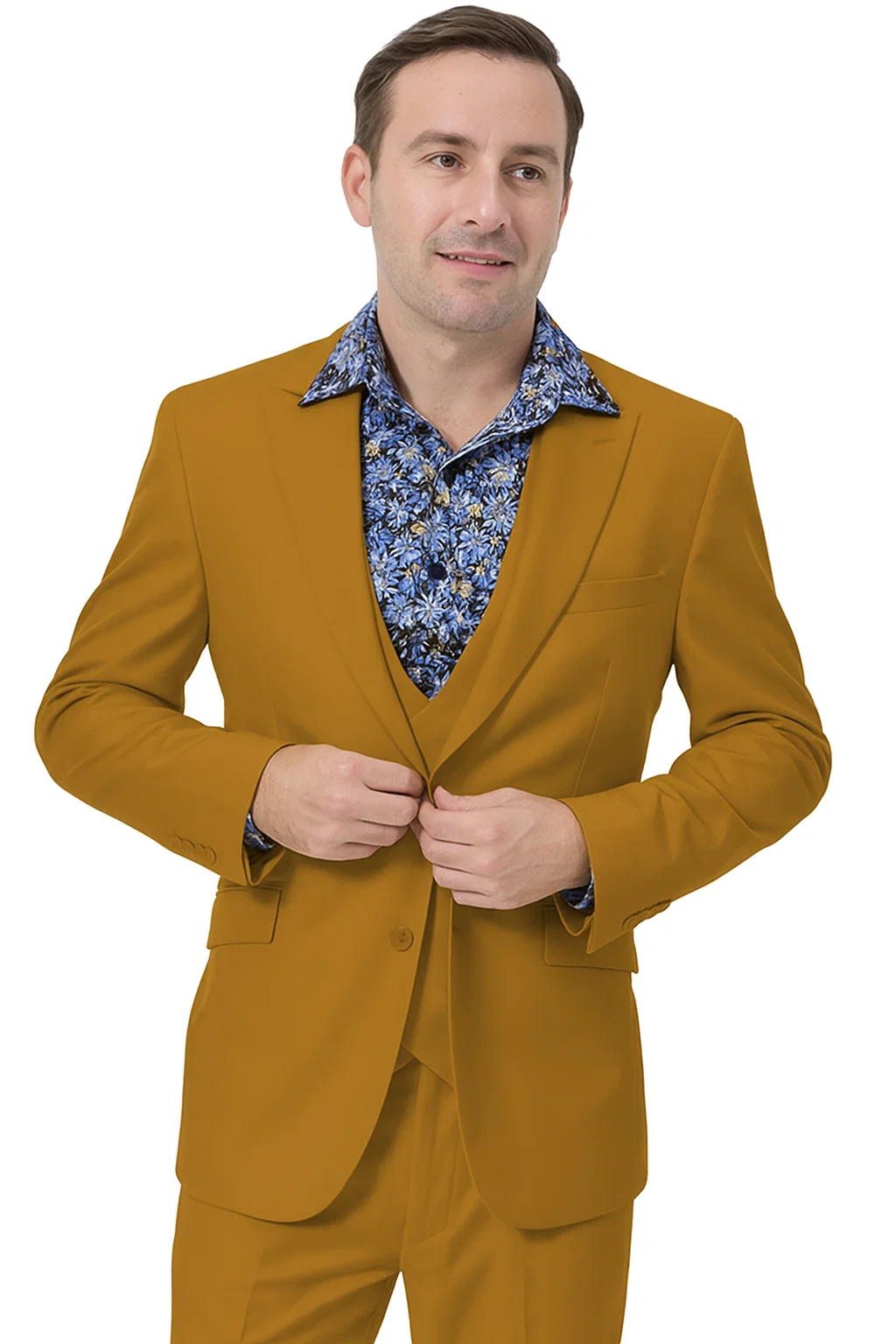 Formal 3-Piece Men’s Suit in Gold – Peak Lapel & Double Breasted Vest
