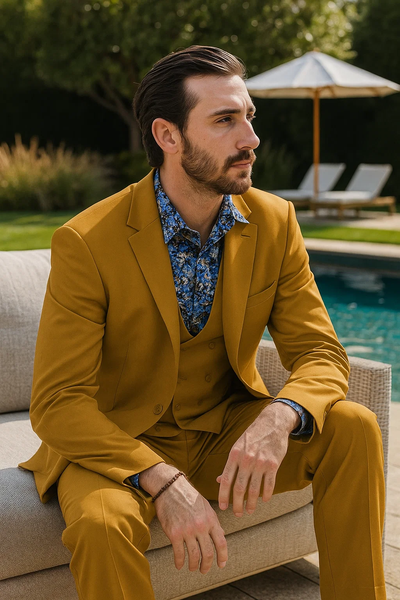 Formal 3-Piece Men’s Suit in Gold – Peak Lapel & Double Breasted Vest